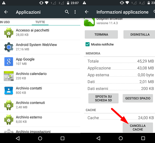 cancellare cache android